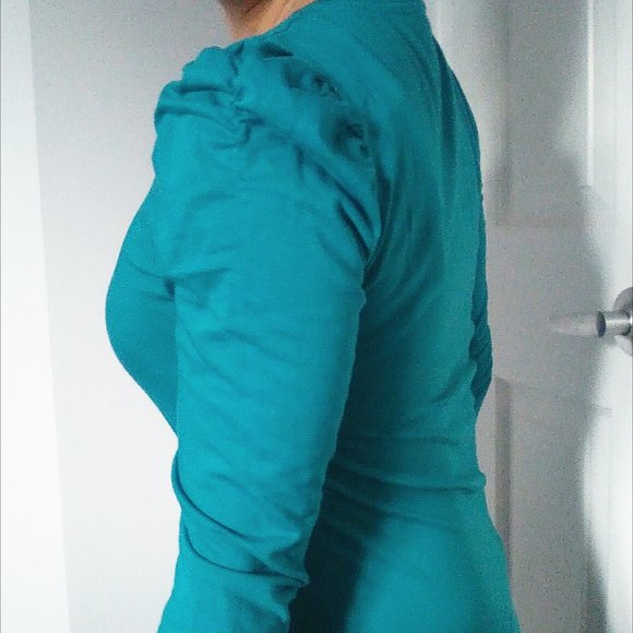 Teal Blue Ruched Puff Sleeve Top - Picture 5 of 9